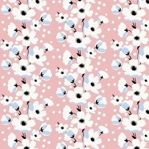sweet simple white flowers in stripes with light blue splashes and pink - small scale