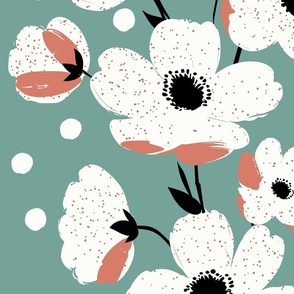 sweet simple white flowers in stripes with muted red splashes on green - large scale