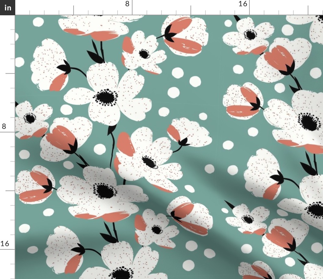 sweet simple white flowers in stripes with muted red splashes on green - small scale