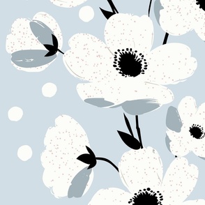 sweet simple white flowers in stripes with muted blue accents on  baby blue - large scale