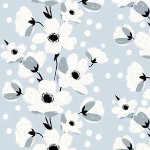 sweet simple white flowers in stripes with muted blue accents on  baby blue - medium scale