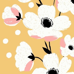 sweet simple white flowers in stripes with pink splashes on gold yellow - large scale