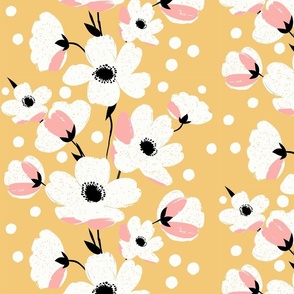 sweet simple white flowers in stripes with pink splashes on gold yellow - medium scale