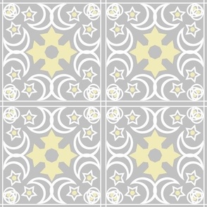 light gray with yellow and green tiles with a pattern for wallpaper and textiles