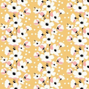sweet simple white flowers in stripes with pink splashes on gold yellow - small scale