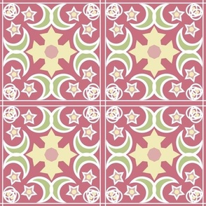 dark pink with yellow and green tiles with a pattern for wallpaper and textiles 