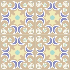 beige with yellow and blue tiles with a pattern for wallpaper and textiles