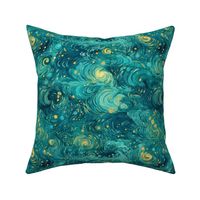 teal green abstract starry night inspired by vincent van gogh