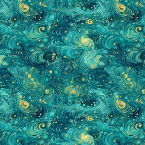teal green abstract starry night inspired by vincent van gogh