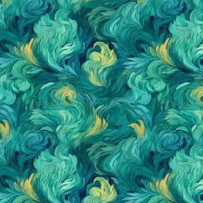 teal green feather leaf abstract botanical inspired by van gogh