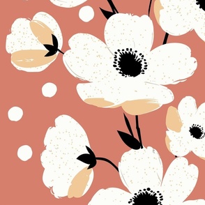 sweet simple white flowers in stripes with orange splashes on muted red - large scale