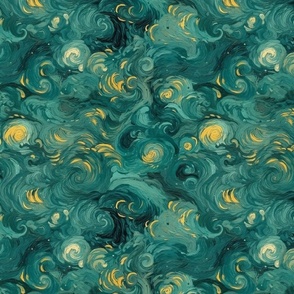 yellow green and teal starry night galaxy nebula inspired by van gogh