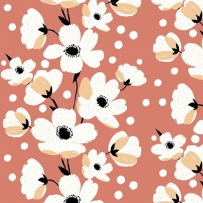 sweet simple white flowers in stripes with orange splashes on muted red - medium scale