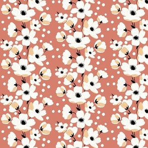 sweet simple white flowers in stripes with orange splashes on muted red - small scale