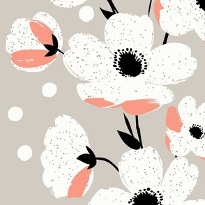 sweet simple white flowers in stripes with coral splashes on neutral beige - large scale