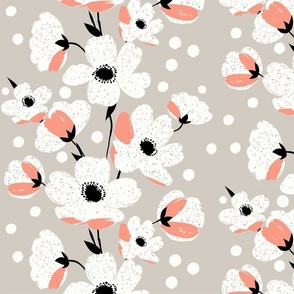 sweet simple white flowers in stripes with coral splashes on neutral beige - medium scale