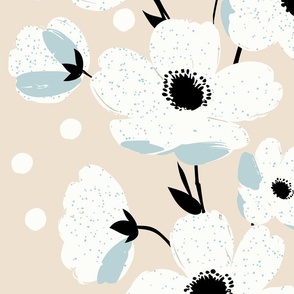 sweet simple white flowers in stripes with mint blue splashes on light neutral beige - large scale