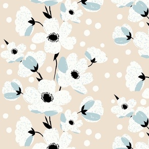 sweet simple white flowers in stripes with mint blue splashes on light neutral beige - medium scale