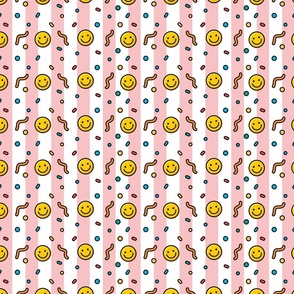 Pop art happy emoji in baby pink stripes background