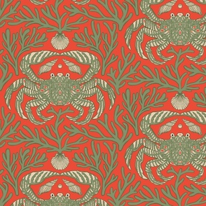 Crabs, Corals, and Shells. A Filigree Pattern in Green on Red.