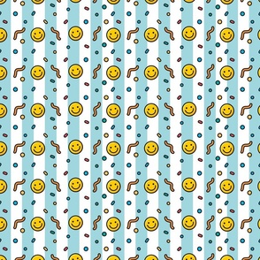 Pop art happy emoji in baby blue stripes background