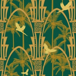 Parrot paradise. Gold and emerald green