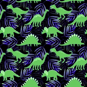Dinosaurs. Green dinosaurs, blue tropical leaves on a black background.