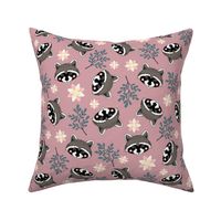 sweet raccoons 2 two inch baby raccoon face tossed garden botanical in dusty rose mauve pink kids childrens clothing and bedding