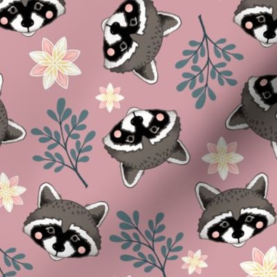 sweet raccoons 2 two inch baby raccoon face tossed garden botanical in dusty rose mauve pink kids childrens clothing and bedding