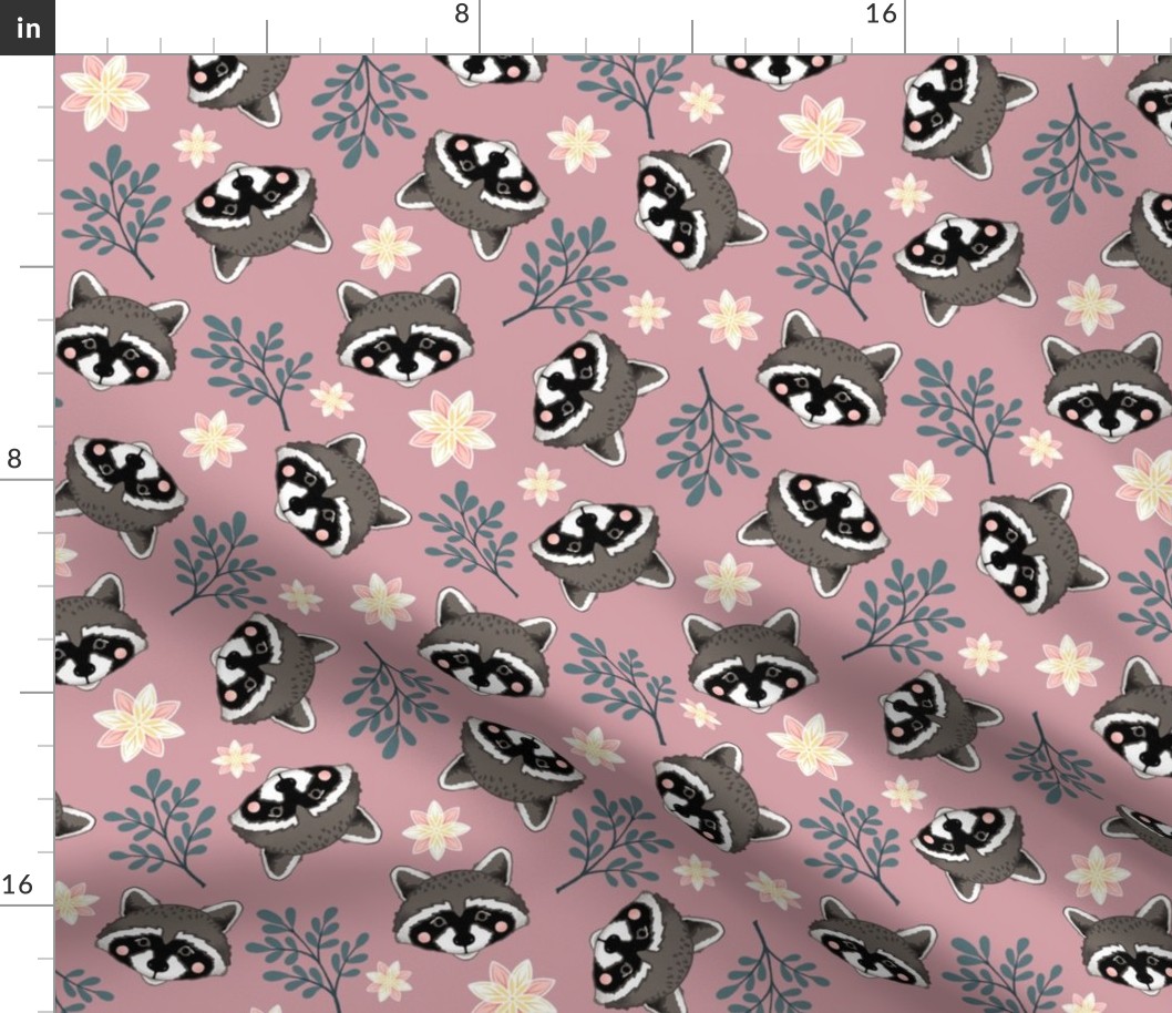 sweet raccoons 2 two inch baby raccoon face tossed garden botanical in dusty rose mauve pink kids childrens clothing and bedding