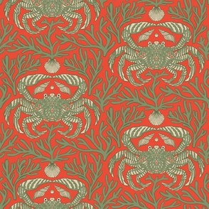 Crabs, Corals, and Shells. A Filigree Pattern in Green on Red. - small scale