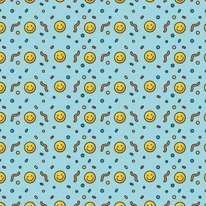 Pop art happy emoji in baby blue background