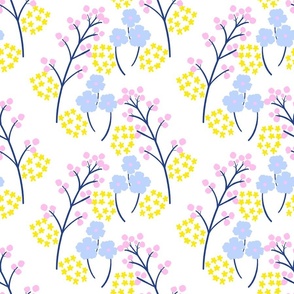 Berry Happy Flower Field Mini Pastel Pink, Baby Blue And Lemon Yellow Big Retro Modern Grandmillennial Beach Cottage Summer Swiss Scandi Bright Cheerful 70’s Line Art Garden Floral Meadow Ditzy Repeat Pattern
