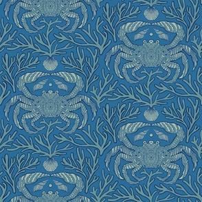 Crabs, Corals, and Shells. A Filigree Pattern in Ocean Blue.