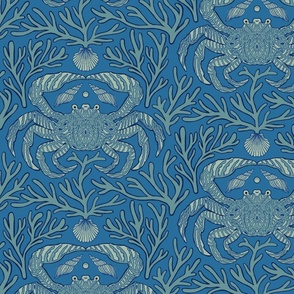 Crabs, Corals, and Shells. A Filigree Pattern blue on blue.