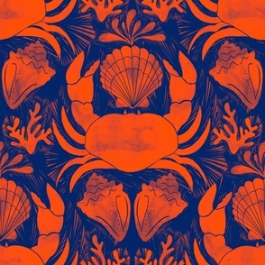 L block print crabs crustaceancore orange red navy blue