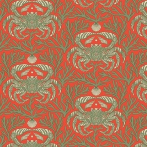 Crabs, Corals, and Shells. A Filigree Pattern in Green on Red. - Tiny Scale