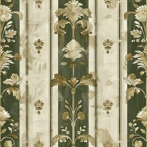Elegant Floral Flourish Green and Gold Beige Stripe Design Pattern
