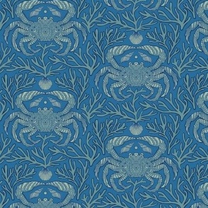 Crabs, Corals, and Shells. A Filigree Pattern in Blue on Blue. - Tiny Scale