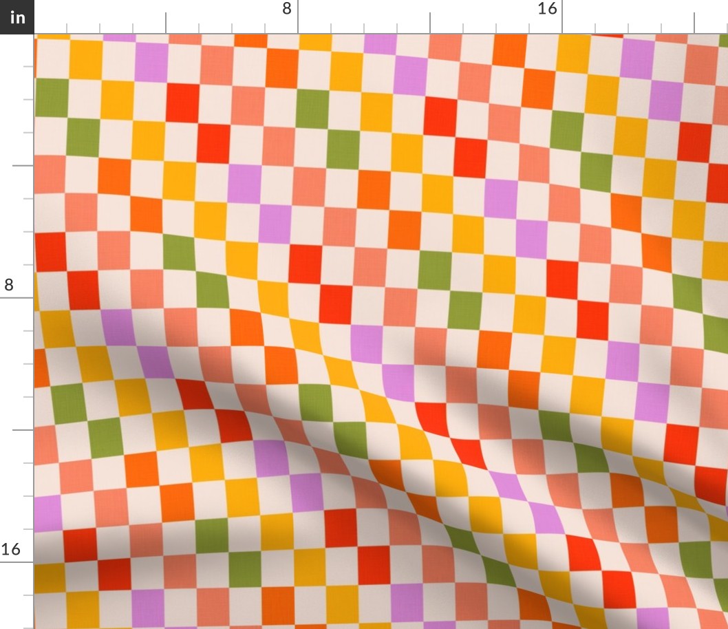 (S) Retro Playful Checks Vertical Bold  Sunny PINK ORANGE GREEN  on linen beige