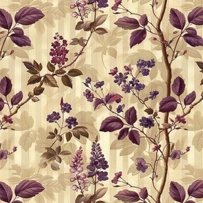 Purple Lavender Botanical Leaves and Striped Beige Pattern Design