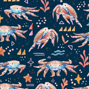 Sea Crabs  - Nautical Beach Animals - Dark Blue