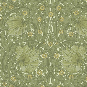 Pimpernel - Large 21"  - historic reconstructed damask wallpaper by William Morris - antiqued restored reconstruction in green tones - art nouveau art deco