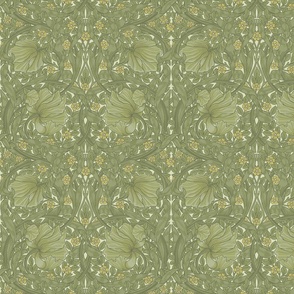 Pimpernel - Small 10"  - historic reconstructed damask wallpaper by William Morris - antiqued restored reconstruction in green tones - art nouveau art deco