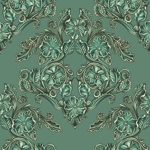   Damask Elegance, Hand-Drawn Floral soft Minty green
