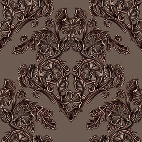 Western floral Damask - deep brown, ivory and stone 