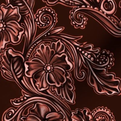 Deep Rich Rusty Red Damask Floral Western Style