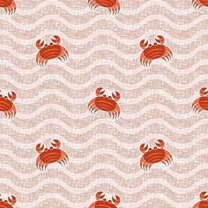 Crab attack - cute small red crabs in the waves with burlap texture
