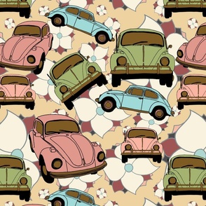 Volkswagen Beetles Cream background and white flowers
