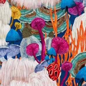 Magical Mushrooms in popping colours of orange, pink and blue